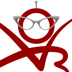 The Archivist logo. A portion of the dark red AO3 logo, which has been cropped so that the 'O' looks like a face with arms raised in celebration. A set of gray cat-eye glasses and an antenna have been added to make it look like a nerdy robot.
