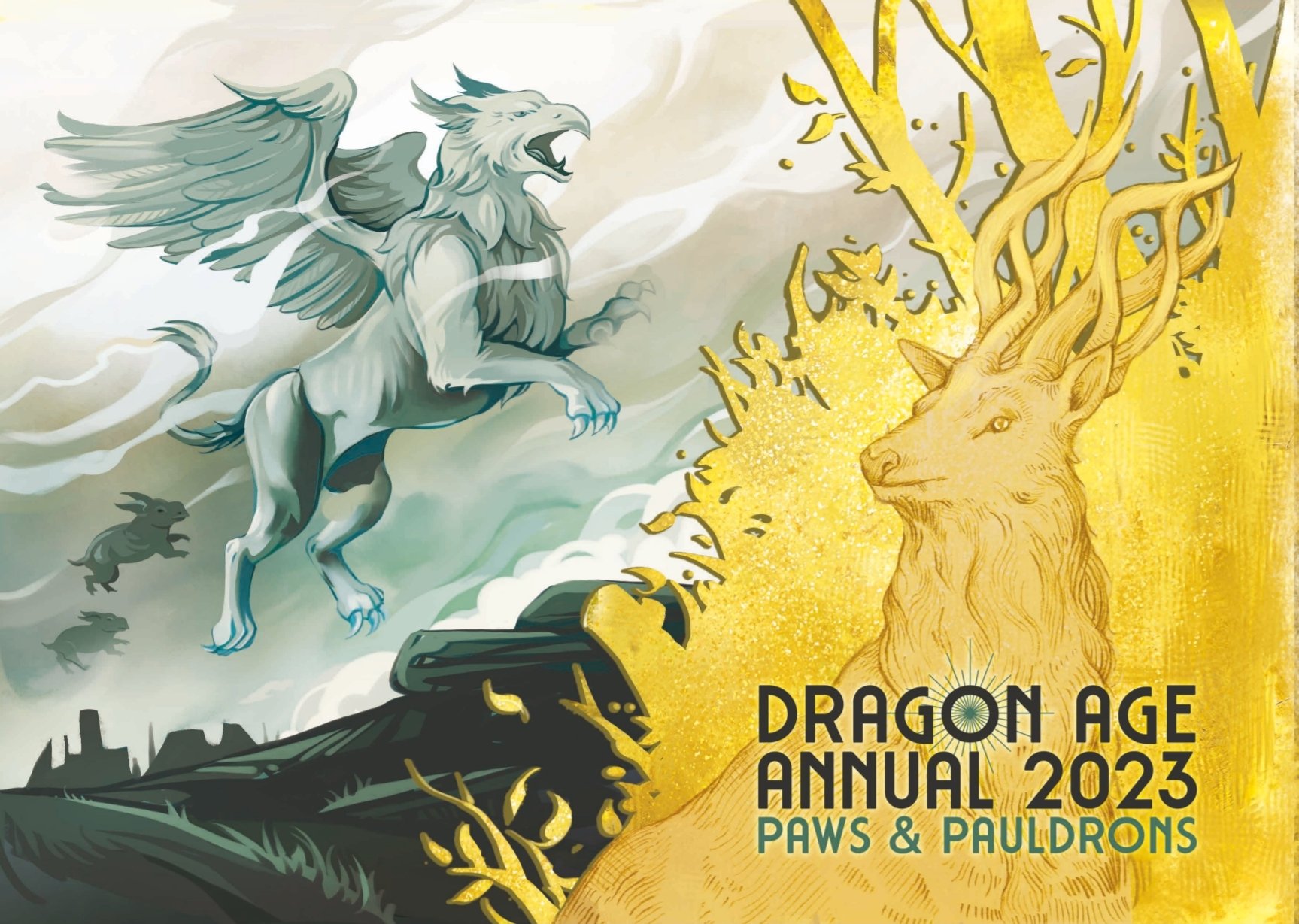 The cover for the 2023 Dragon Age Annual. The background is a greenish hued landscape, featuring an ethereal ghostly griffin. Behind the griffin in silhouette are floating nugs. On the right side, overlaying the background is a golden cutout of shrubs and branches featuring a halla who's horns blend into the branches above. In front of the halla in black text is 'Dragon Age Annual 2023' and beneath that in green text is 'Paws & Pauldrons'.