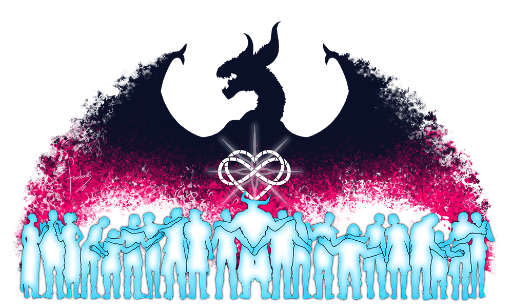 A Dragon Age dragon silhouette featuring the head and wings of the dragon. The top part is dark navy, and it fades into a bright pink. The bottom third of the image is light blue silhouettes of the Dragon Age cast all hugging as if they are one large polycule.The colors are from one version of the polyamory flag. In the center of the image is a white heart with an infinity symbol - it is in the Dragon Age stained glass style, with shining light coming from it. The whole image is on a transparent background.